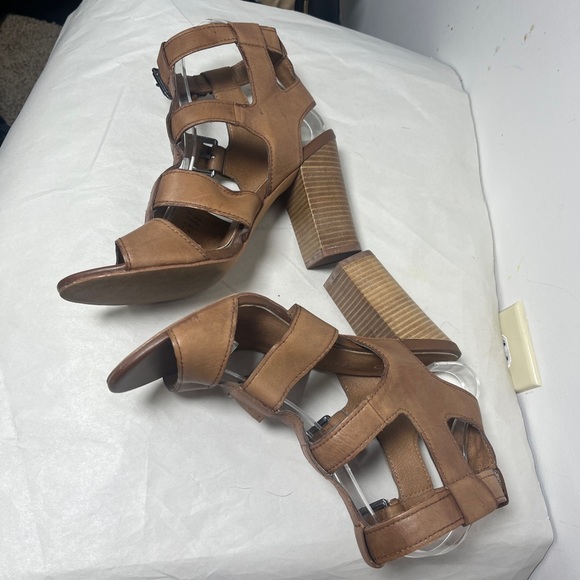 Aldo Strappy Gladiator Stacked Block Heel Leather Sandals Cognac Sz 9 - Picture 2 of 13